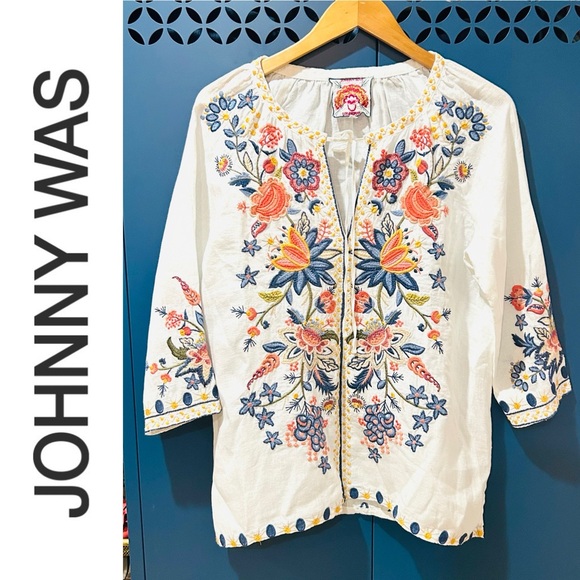 Johnny Was Tops - NWOT Johnny Was Linen Embroidered Boho Tunic Floral Tie Neck Peasant Top Size S